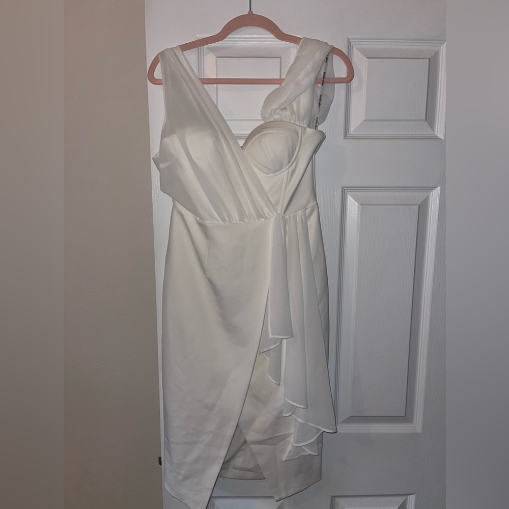 Lavish Alice one shoulder chiffon mix corset midi dress in white